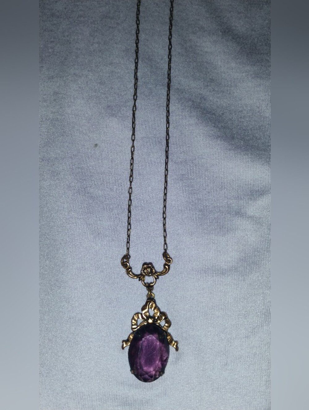 Vintage Art Deco Czech Style Amethyst Glass Lavalier Necklace Brass Bow Pendant